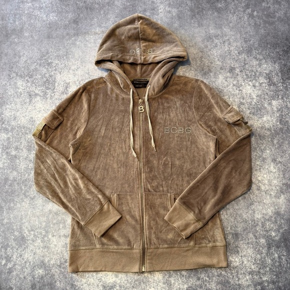 BCBGMaxAzria Tops - Y2K BCBG Max Azria Womens Velour Full Zip Hoodie Brown Rhinestone Logo Size M
